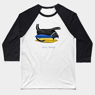 Cartoon black cat on soft pillows and the inscription "Very busy" Baseball T-Shirt